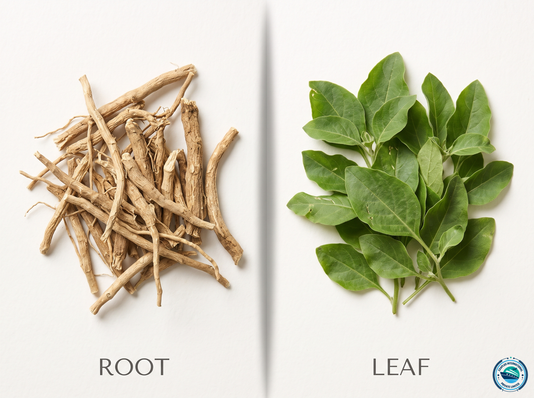Ashwagandha roots and root powder compared with ashwagandha leaves, berries and leaf powder